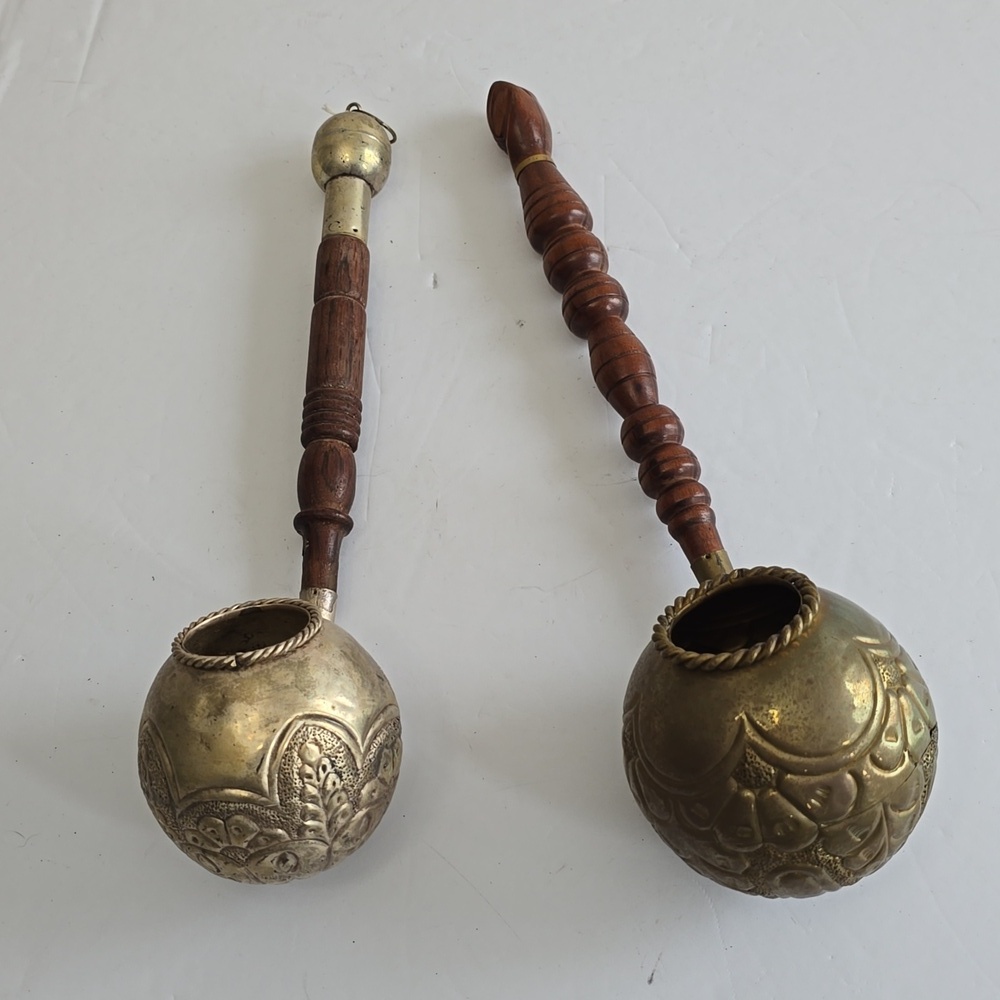 Vintage Set Of 2 Brass Wood Ritual Ladle Spoons Embossed Carved Art